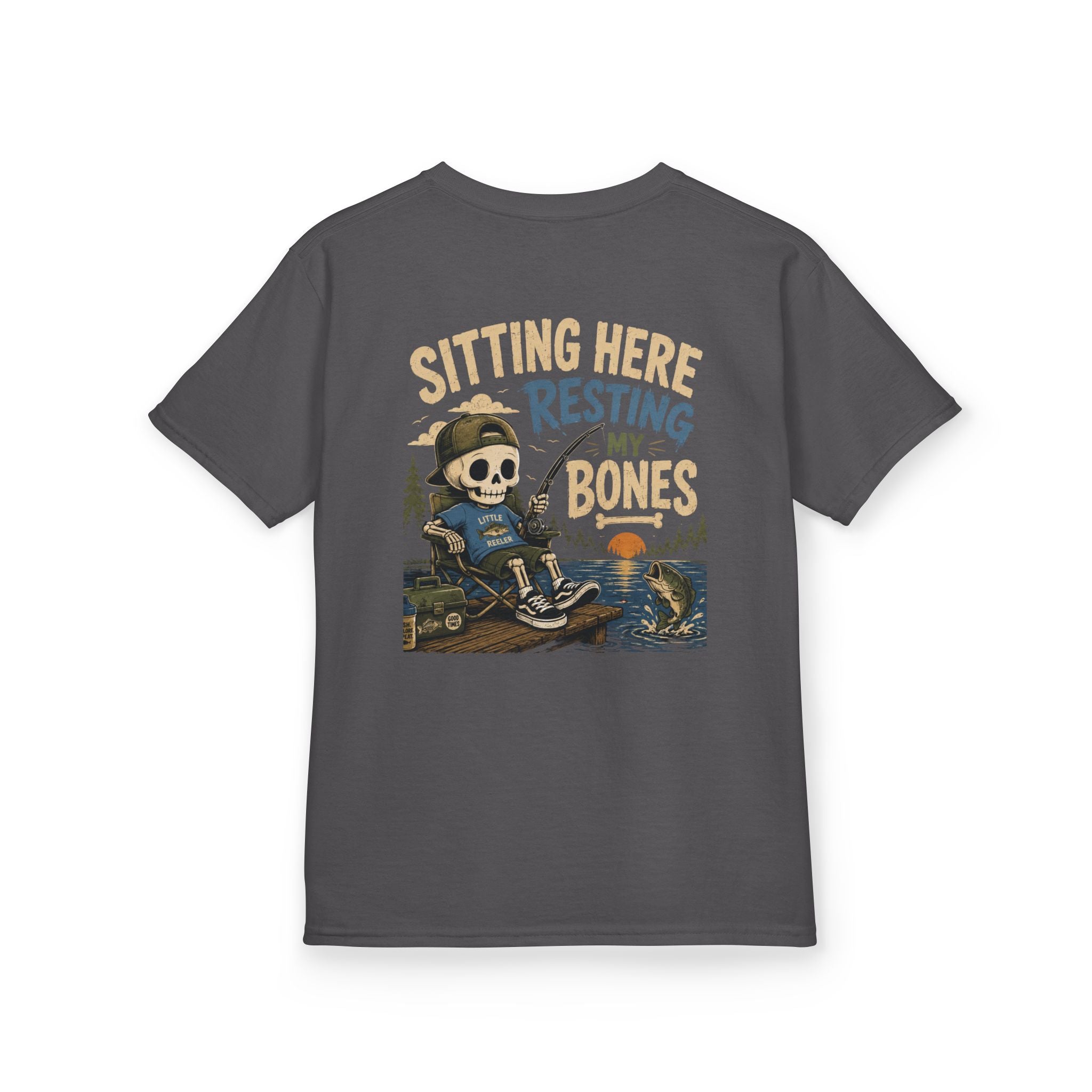 Toddler T-Shirt — "Sitting Here Resting Bones" Skeleton Fishing Cute Kids Tee Printify