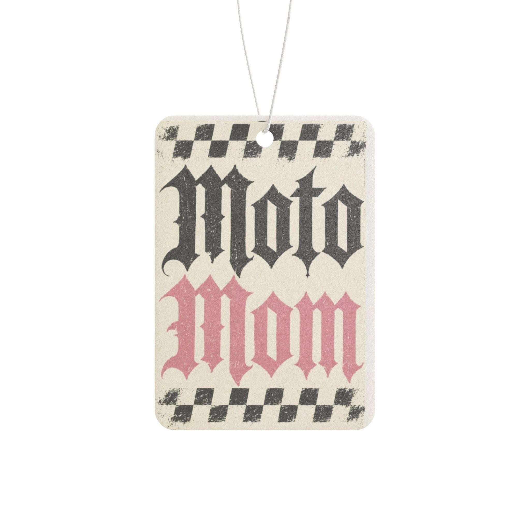 Car Air Freshener — 'Moto Mom' Retro Checkerboard Scent Tag Printify
